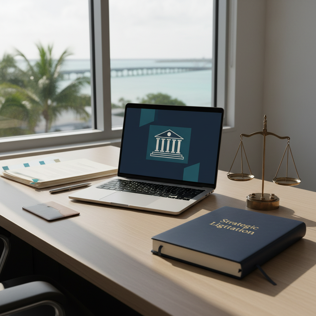 A meticulously organized attorney’s desk set in a modern Marathon, Florida office, featuring a brushed-metal laptop displaying an abstract courthouse icon, a leather-bound notebook stamped “Strategic Litigation,” and a small bronze scale of justice sculpture. Out the window, the suggestion of palm trees and a distant bridge over turquoise water appears softly out of focus. Early-morning natural light spills across the desk, creating long, soft shadows and a quiet sense of readiness. Composed from a slightly elevated angle with rule-of-thirds framing, every object has intentional spacing and clean lines. The scene is rendered in crisp photographic realism with a neutral palette accented by deep navy and subtle teal, capturing a mood of preparedness, precision, and calm confidence for a professional legal services site.