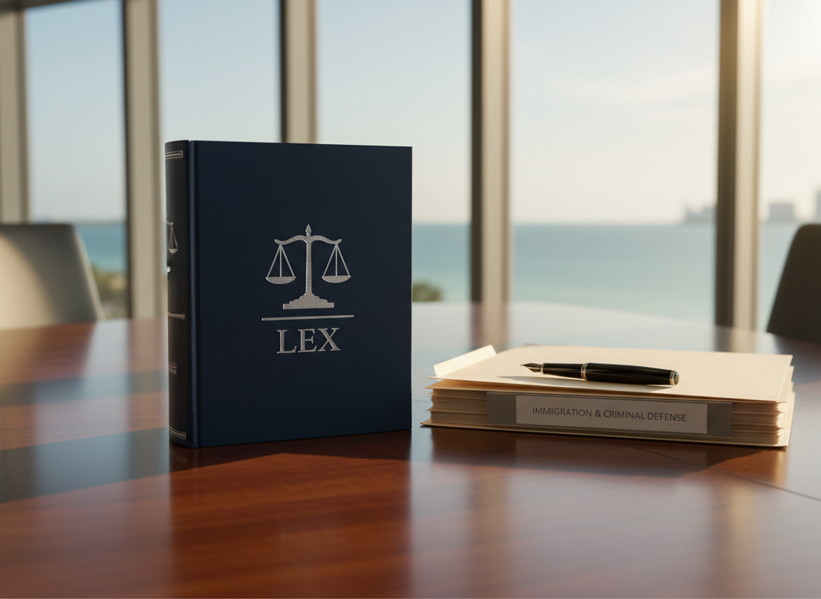 A dignified navy-blue hardcover law book embossed with silver scales of justice rests open on a polished dark-wood conference table. Beside it, a neatly stacked case file labeled “Immigration & Criminal Defense” in subtle lettering, and a sleek black fountain pen aligned precisely. Through large floor-to-ceiling windows, the faint outline of a coastal Florida skyline and calm water is softly blurred. Warm late-afternoon natural light streams in, creating gentle reflections on the table’s surface and crisp highlights along the book’s edges. Captured at eye level with a shallow depth of field, the composition feels balanced, professional, and trustworthy. The style is clean, modern photographic realism, with cool blues and warm wood tones conveying confidence, clarity, and calm authority for a law firm homepage hero image.