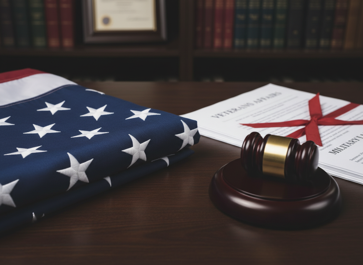 professional photograph representing veterans affairs and military law, such as a respectful close-up of a folded American flag next to legal documents and a judge's gavel, muted colors, clean composition